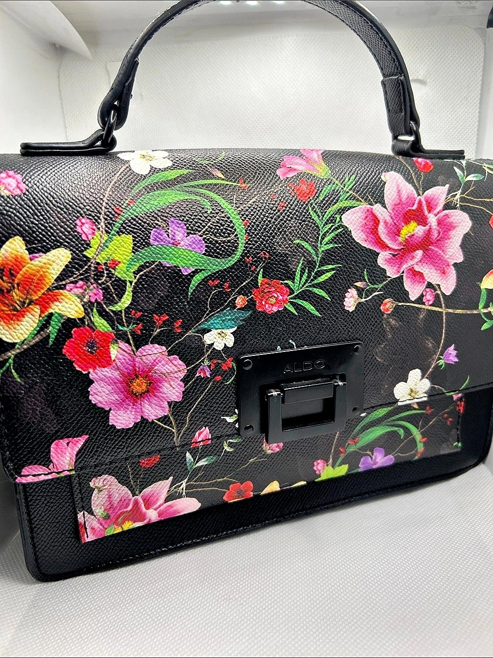 ALDO Black Floral Satchel Handbag Structured Top Handle Multicolor Statement Pur